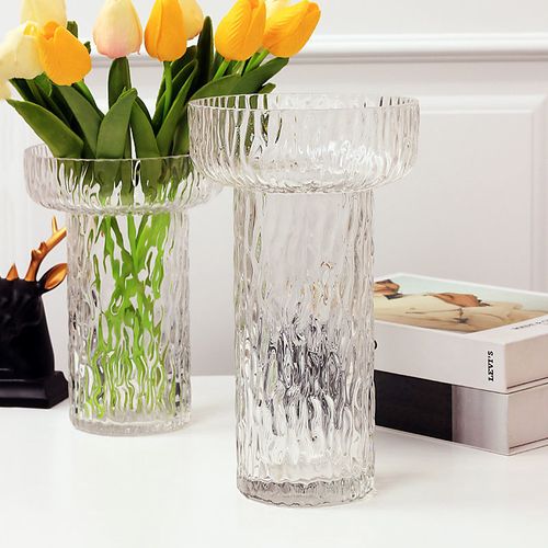 工厂直供透明玻璃花瓶极冻冰纹直筒宽口餐桌客厅装饰玻璃工艺品瓶